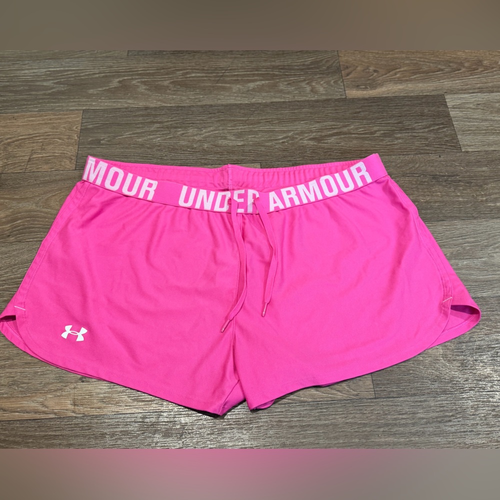 Under Armour Women's Bright Pink Athletic Shorts with Logo Waistband